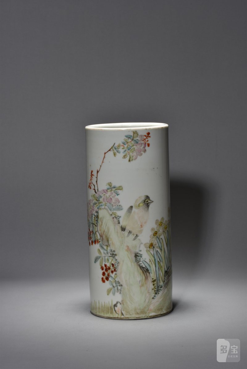 清光绪 梅峰樵浅绛彩花鸟帽筒 - 图3